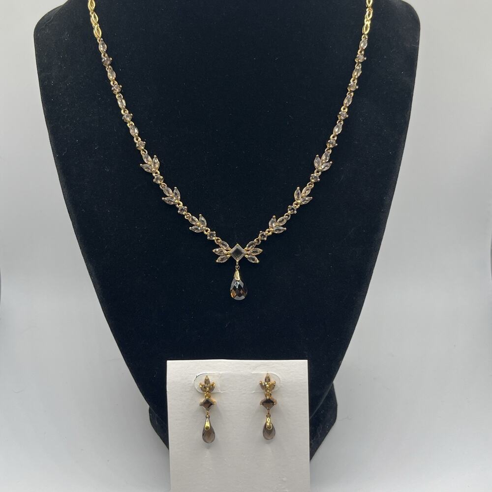 Smoky Brown Stone Floral Necklace Earring Set 925 Sterling Silver 18K Formal